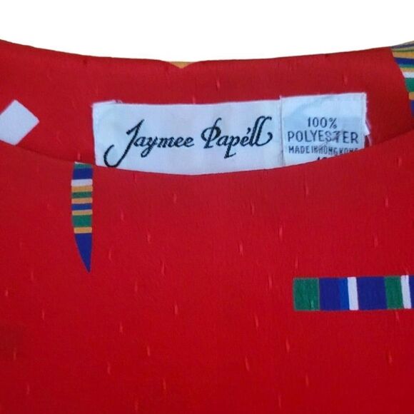 Vintage jaymee papelle Red Confetti Puffed Sleeve Polyester Blouse SZ 10 - Picture 6 of 6